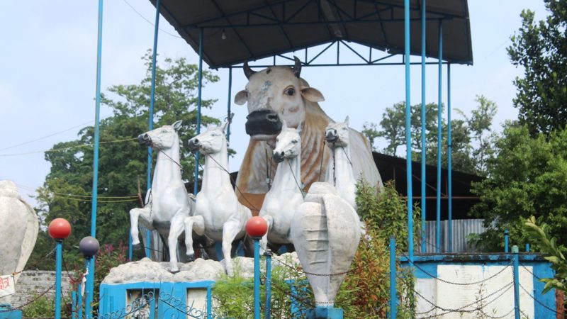 धार्मिक पर्यटकीय क्षेत्रमा घोडा र गाईको प्रतिमा